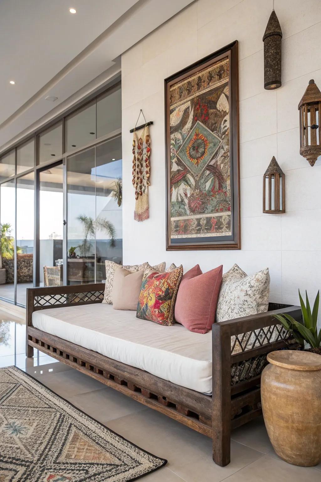 Distinctive artwork serving as an artistic focal point for the daybed.