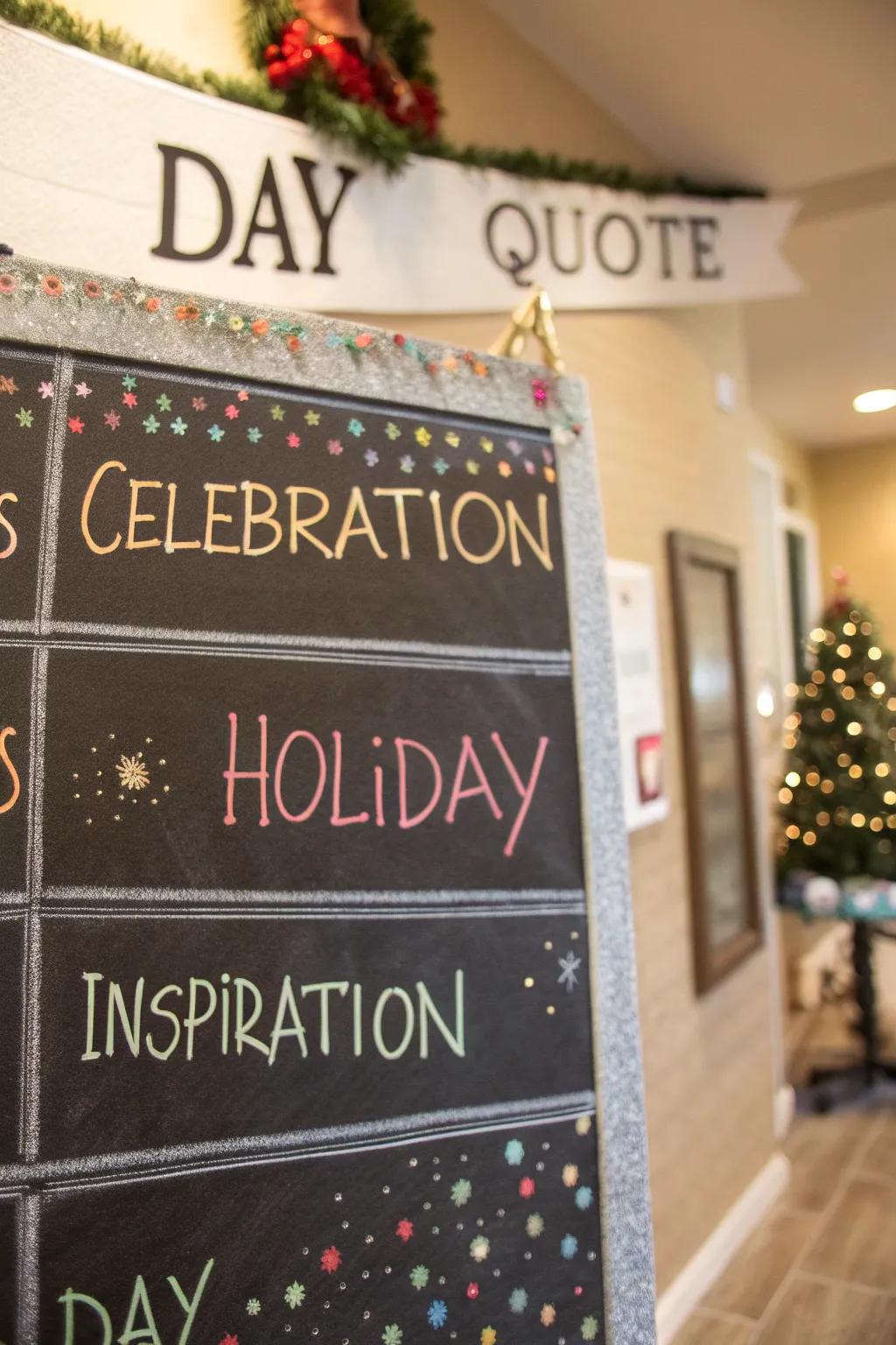 A cheerful chalkboard calendar featuring festive quotations.