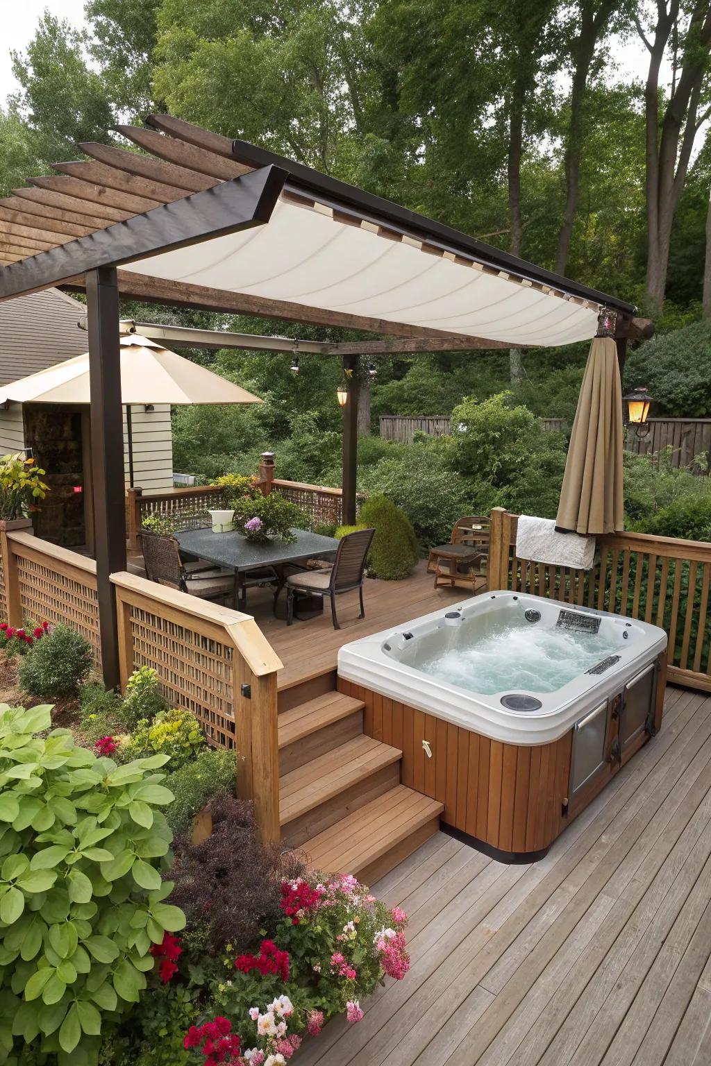 An all-season retreat with coverage for the hot tub.