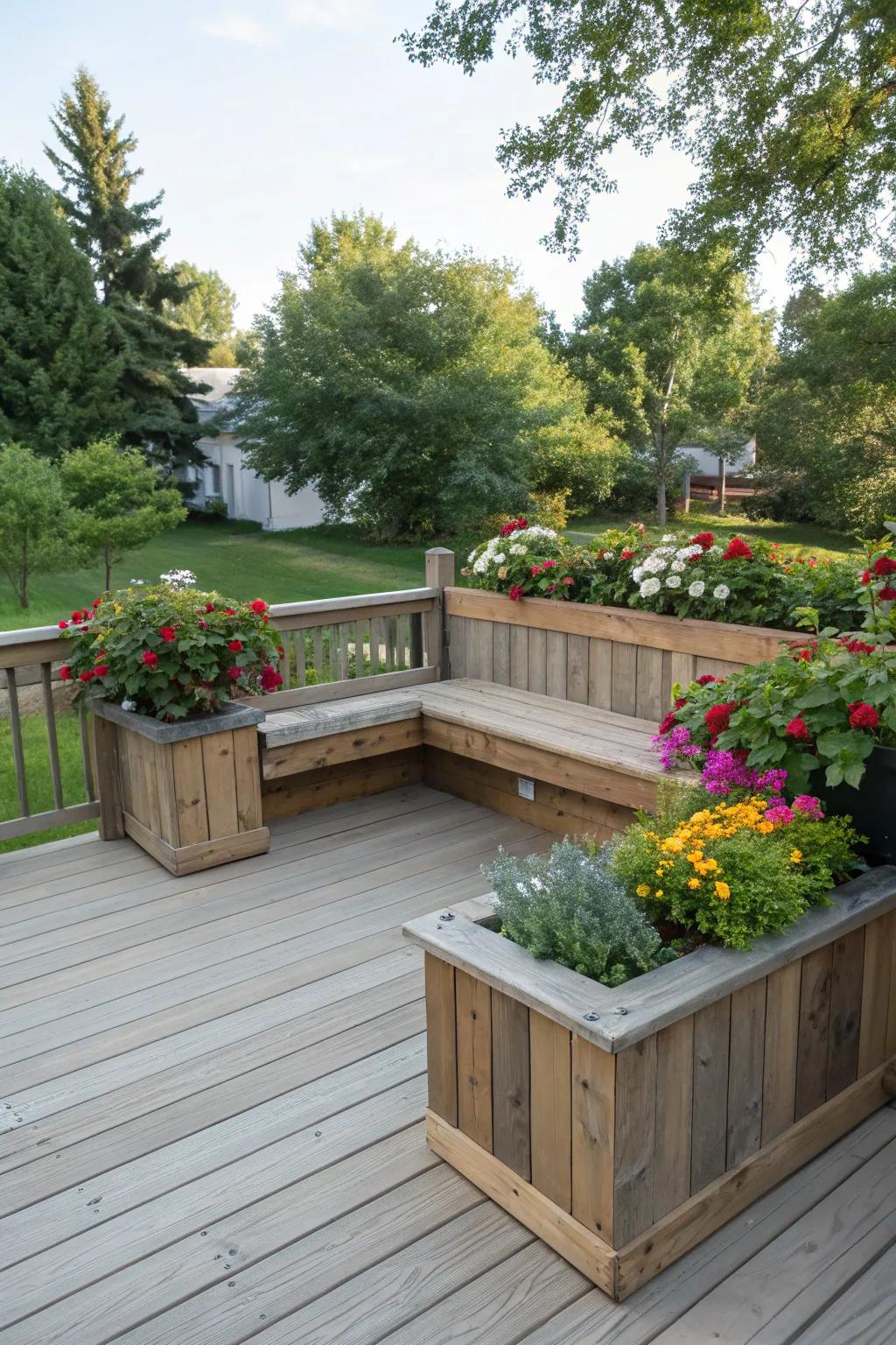 A social hub enhanced by L-shaped seating and plantings.