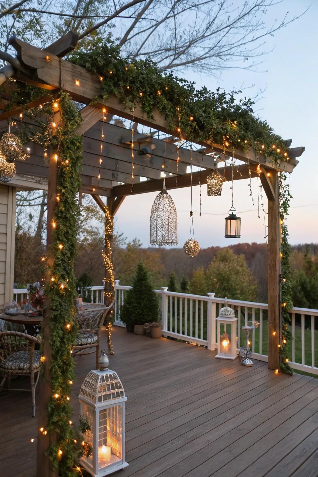 A whimsical pergola featuring fairy lights, creating a magical ambiance.
