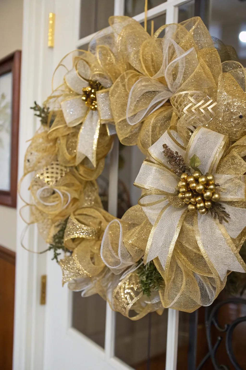 Golden accents elevate this wreath into a glamorous autumnal adornment.