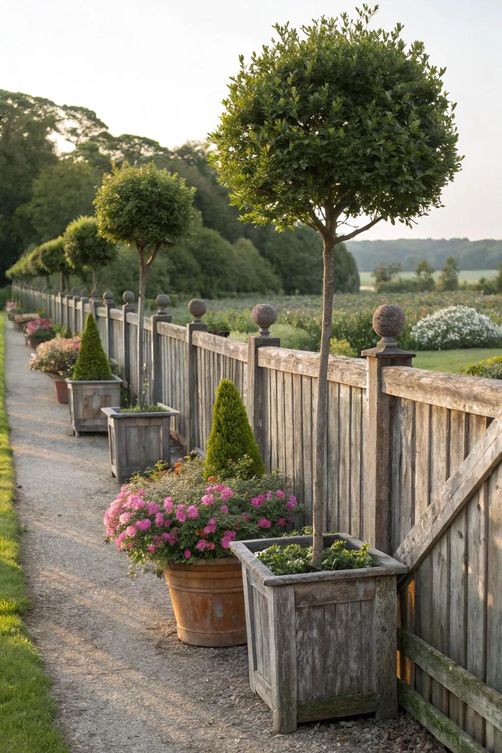 Potted trees present a lush and towering element to your fence decor.