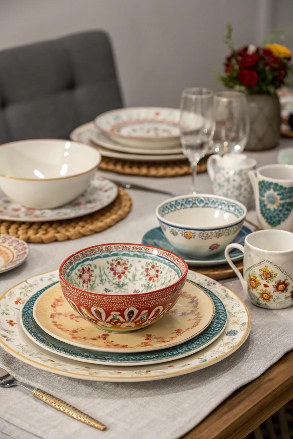 Mixing antique tableware creates a unique dining experience.