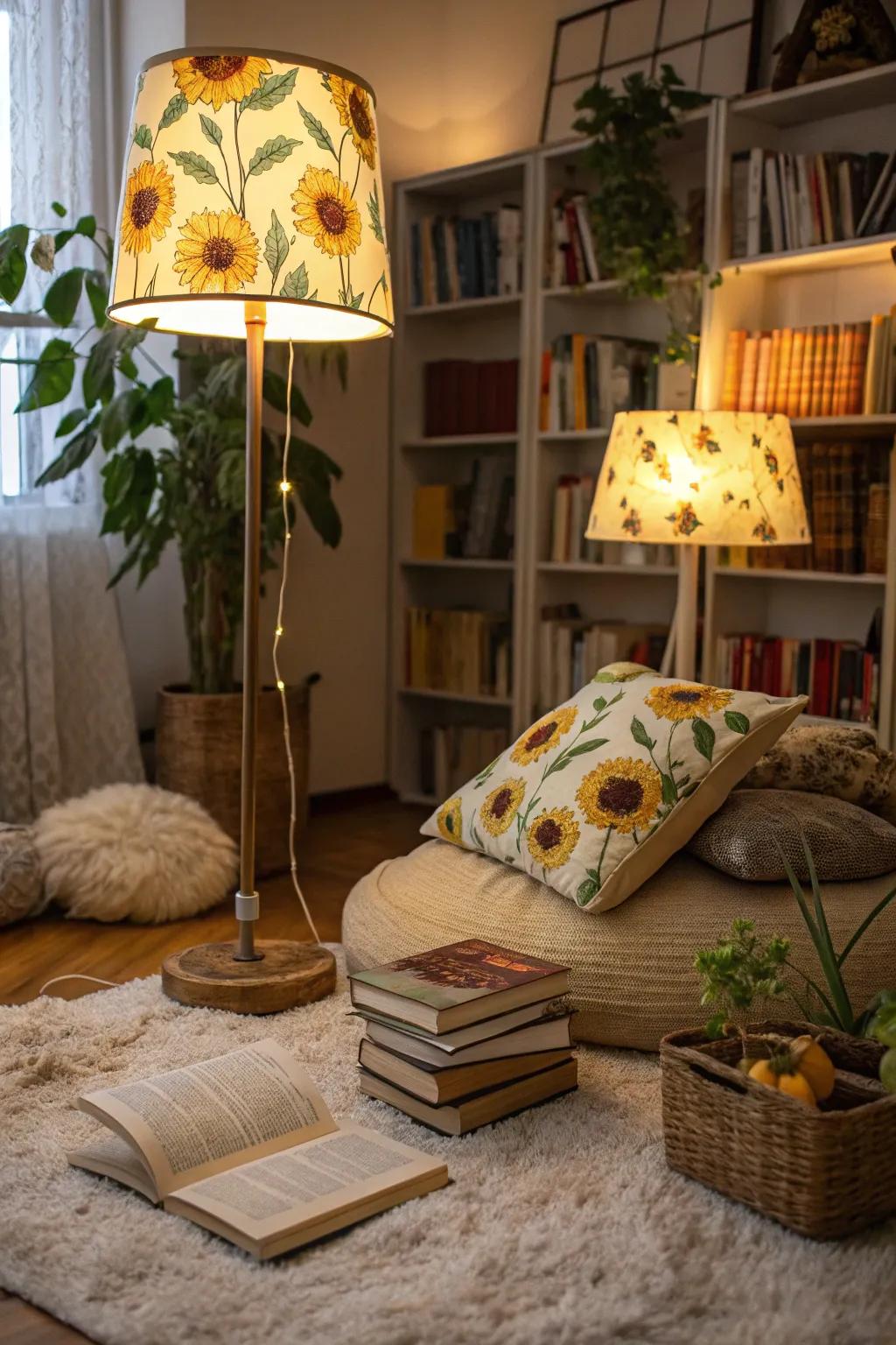 Sunflower lampshades append warmth and a cheerful ambiance to any space.