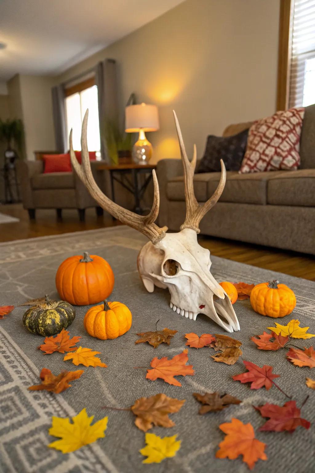 Seasonal decor adds a festive touch to a deer skull display.