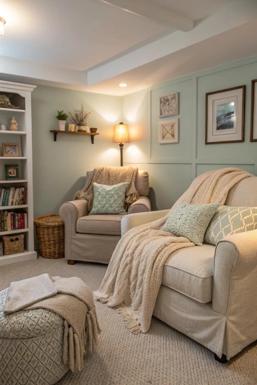 Soft textures create a quiet hideaway in the sanctuary.