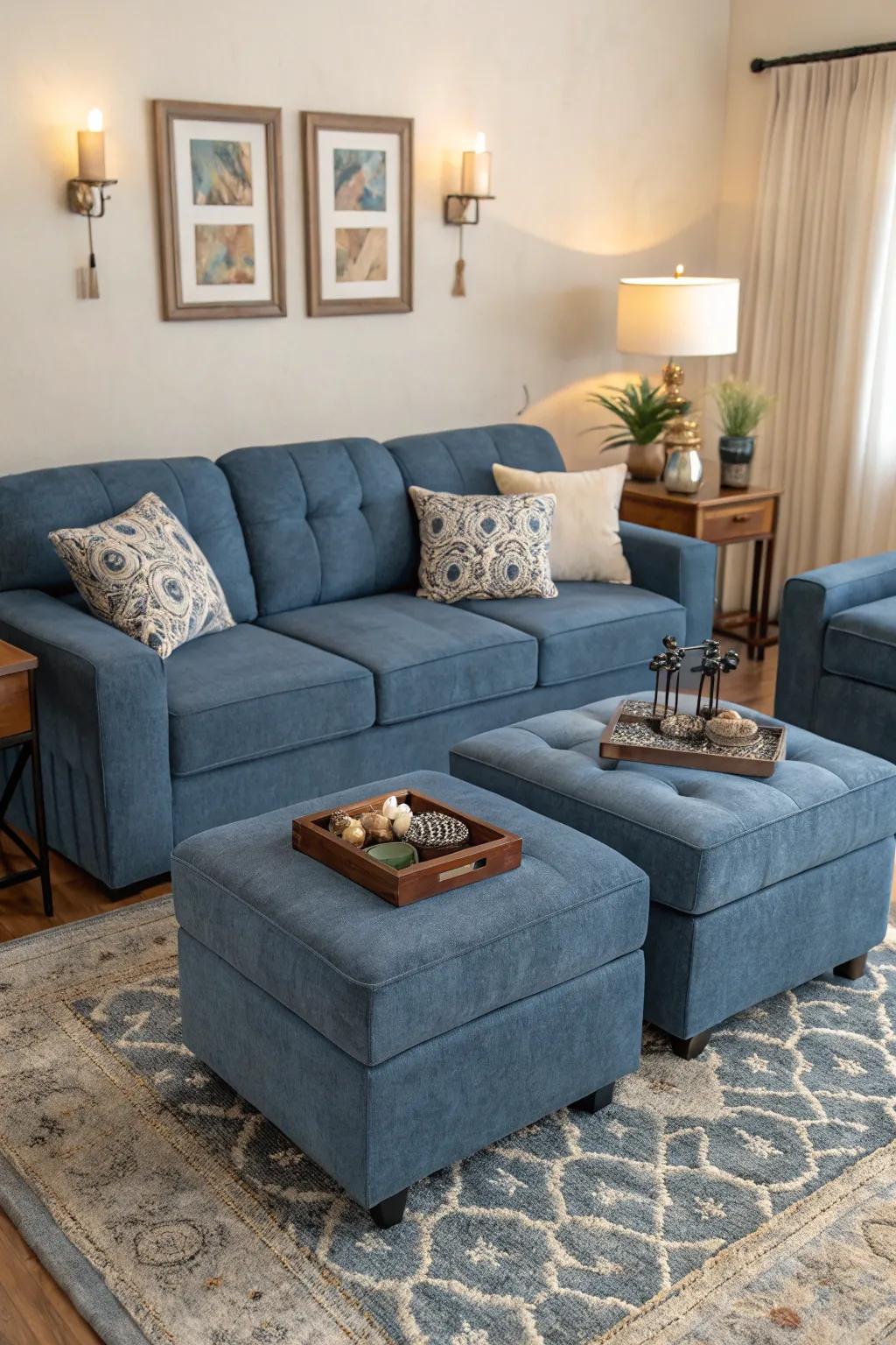Functional furnishings complement the aesthetic of a cerulean couch.