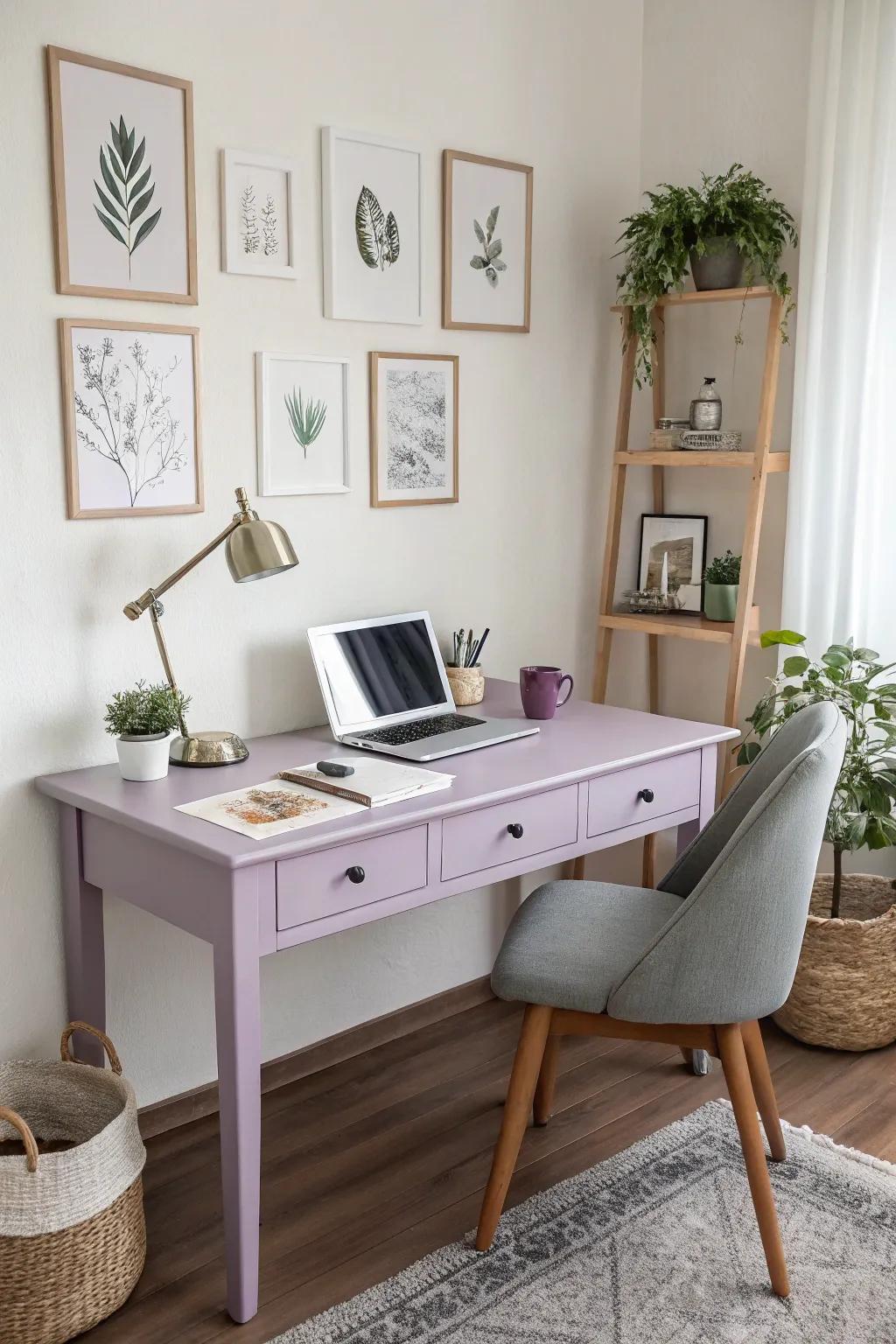 Lavender desks create a serene and calming workspace.