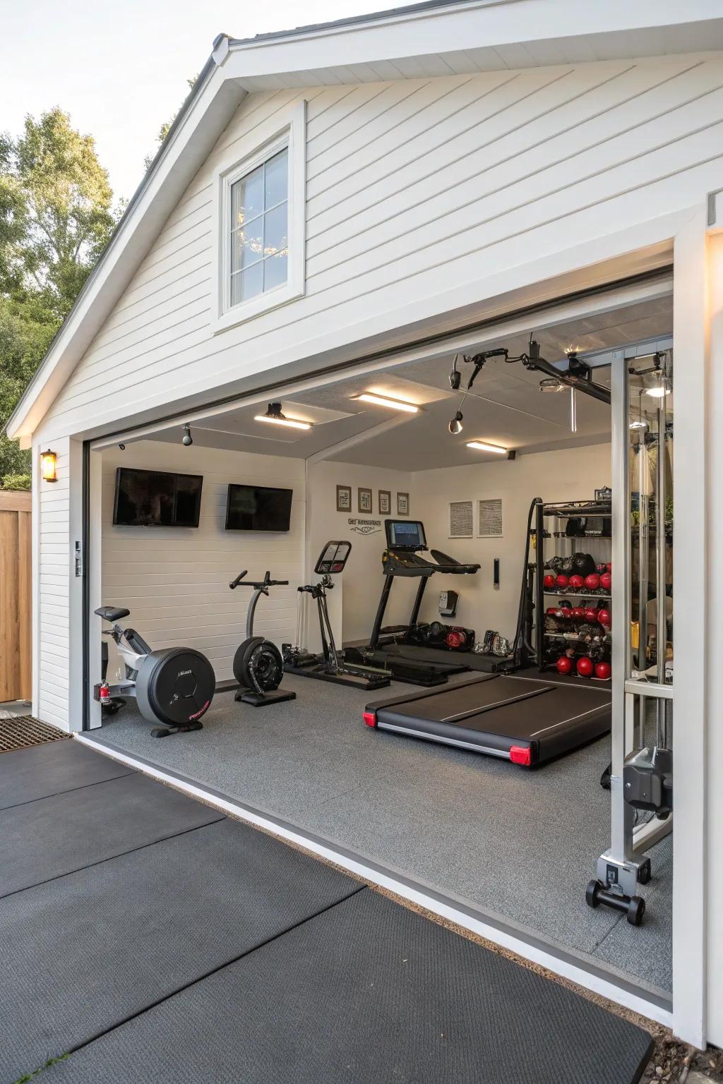 A workout oasis within your garage for fitness devotees.