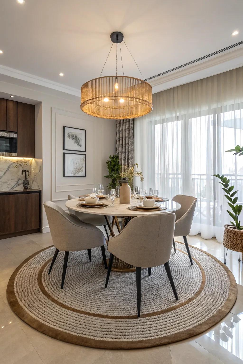 The artistic arrangement through structural configurations via the utilization of a circular ground covering within the dining precinct.