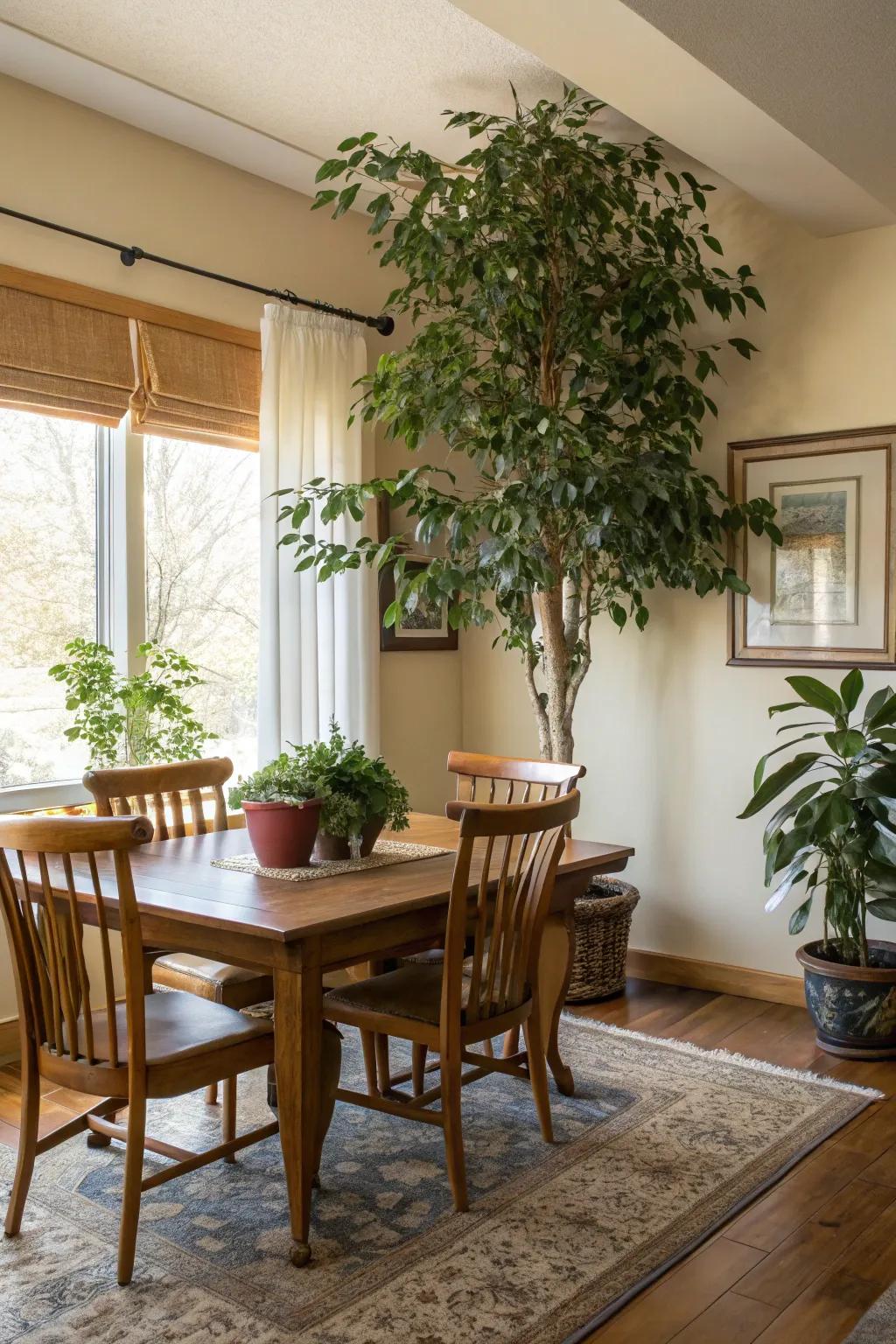 A grand indoor plant introduces vibrancy and life into the dining room.