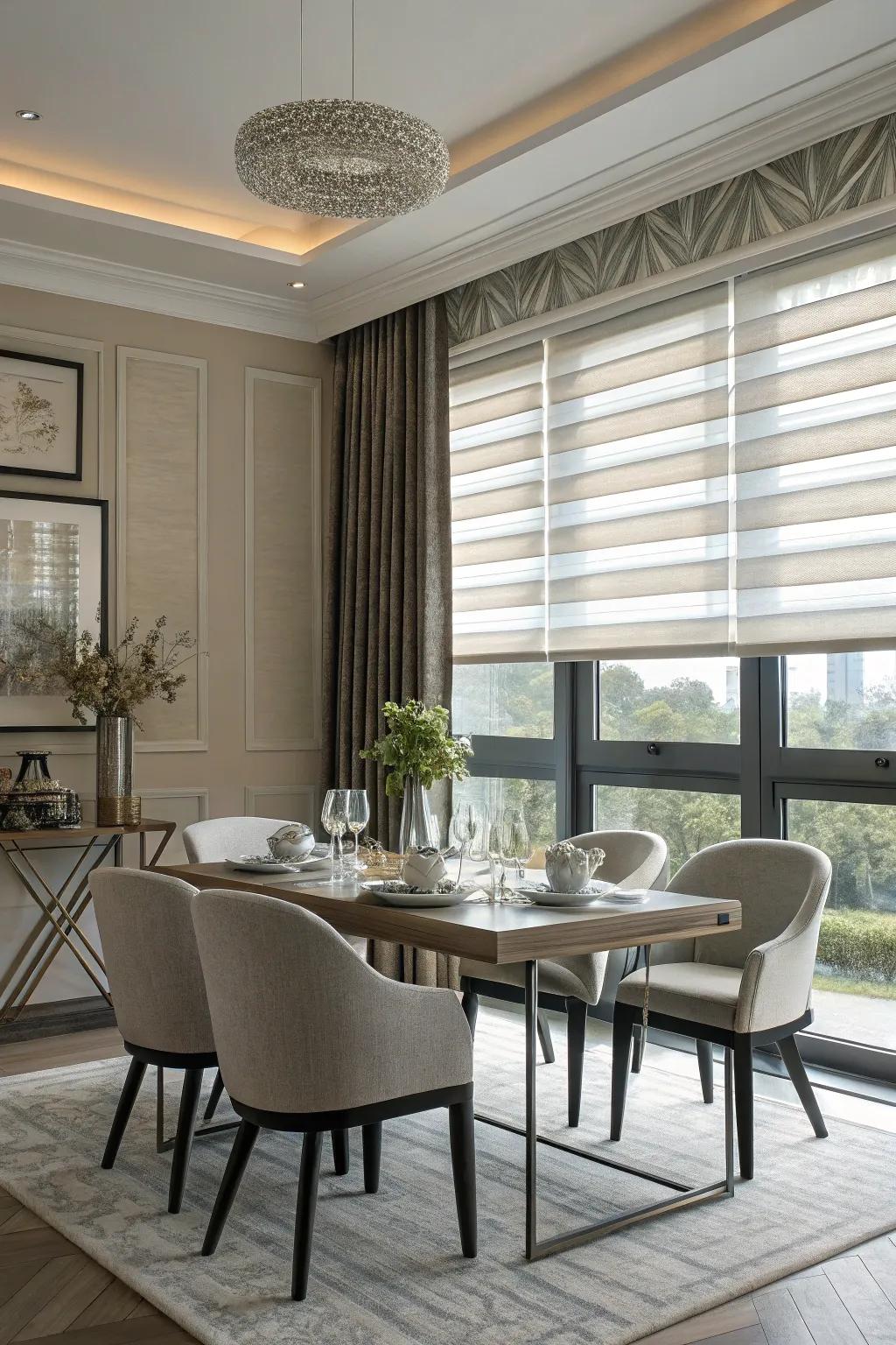 Intelligent technology such as automated blinds introduces modern convenience to your dining space.