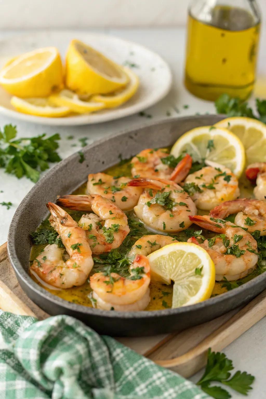 Sizzling garlic butter shrimp garnished with parsley and lemon.