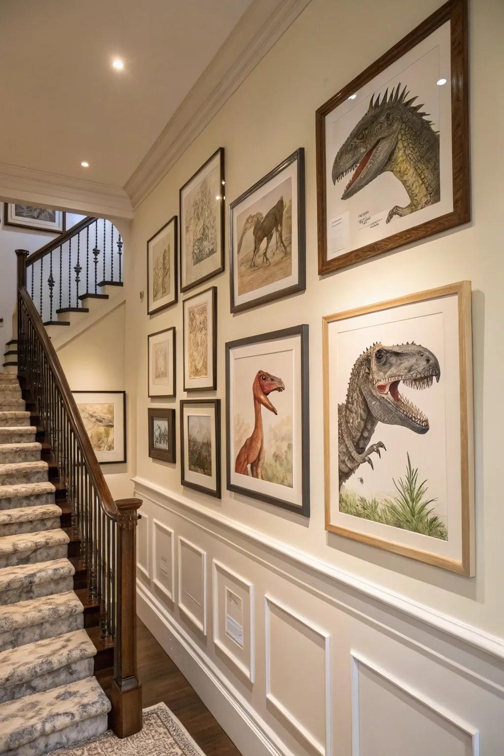 Museum-like exhibit of dinosaur portraits