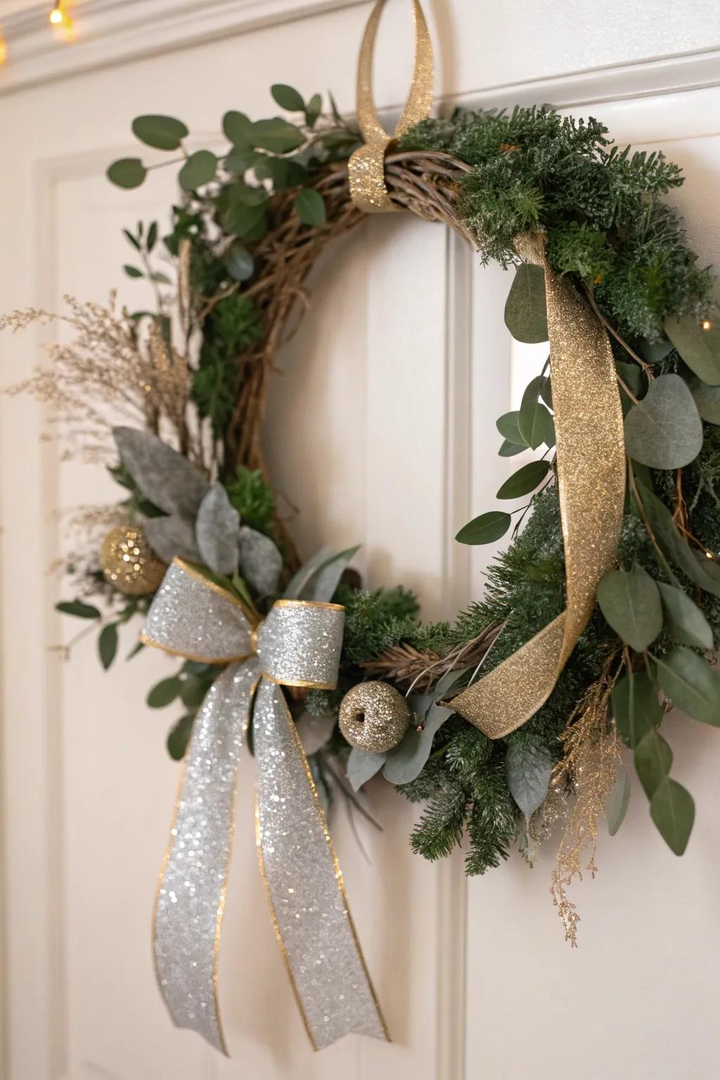 Introduce a whisper of luminescence to your holiday aesthetic through this glamorous DIY wreath, where understated elegance harmonizes with celebratory glimmer.