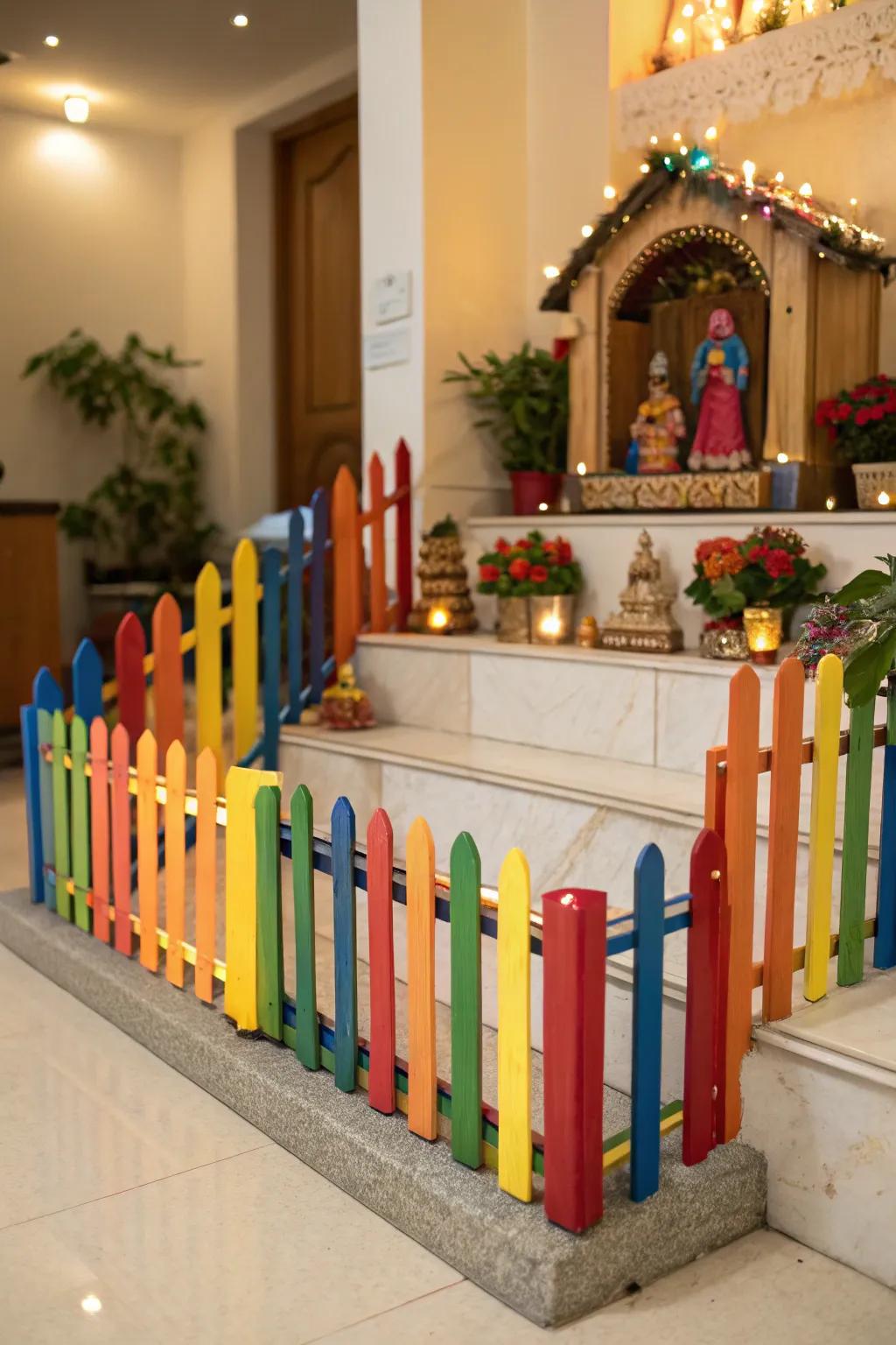 Saccharine stick enclosures infuse structure and hue into the Golu arrangement.