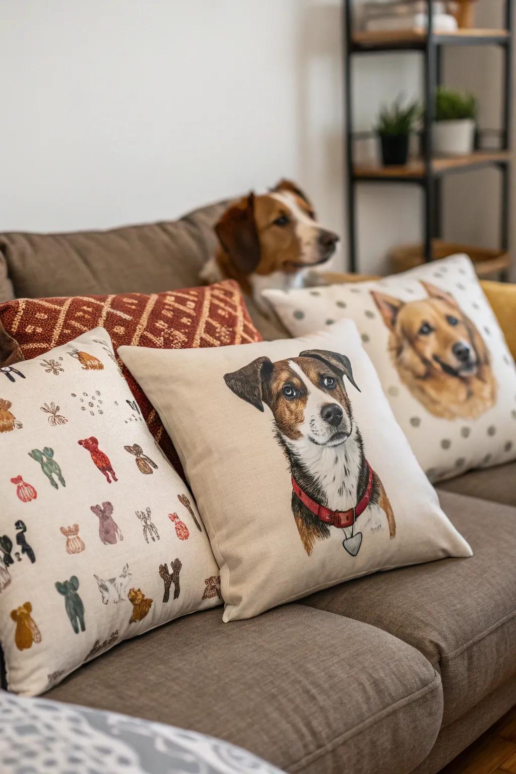 Cozy up through delightful dog-featured cushions.