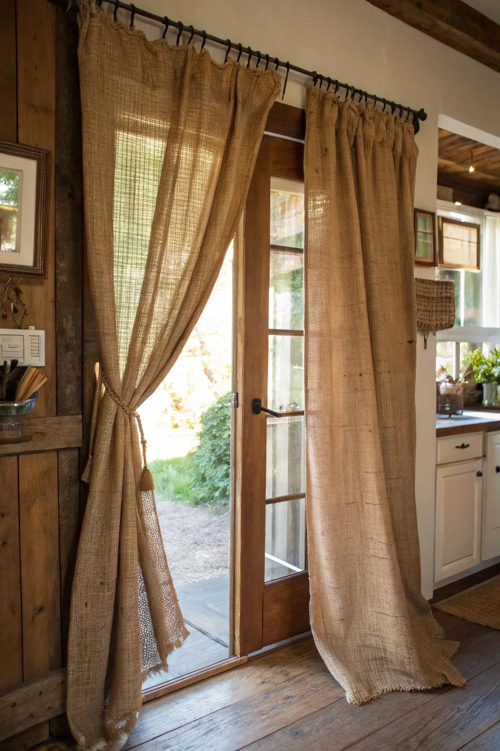 Coarse fabric coverings lend rustic warmth and texture.
