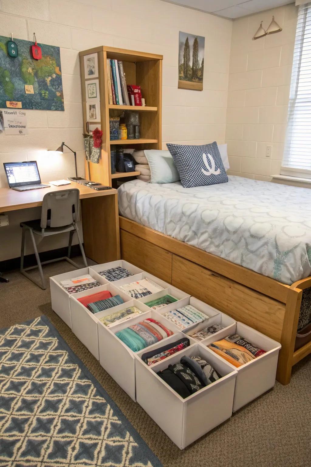 Sub-bed storage solutions in a university residence, maximizing available space.