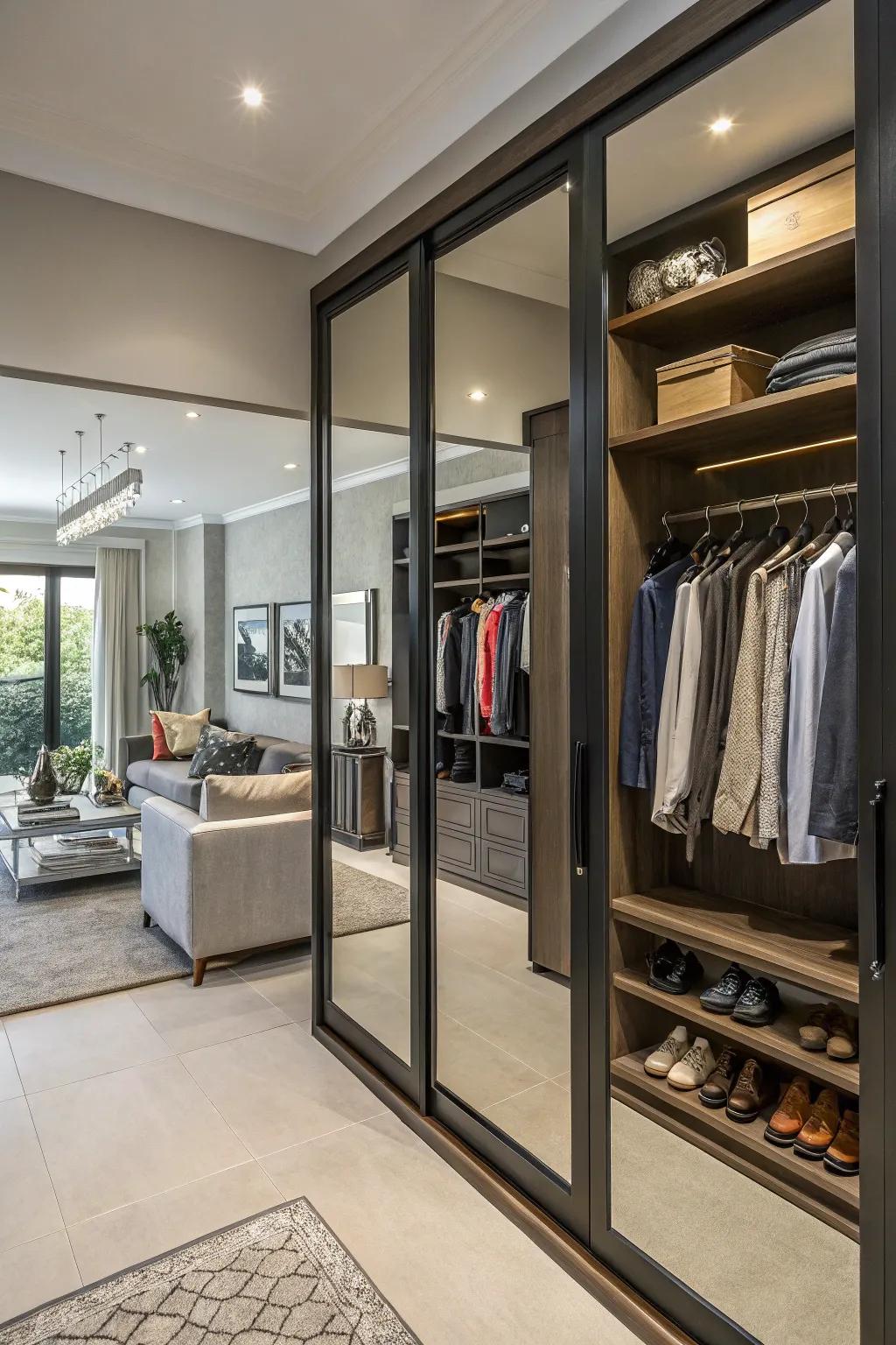 Mirrored panels enhance a double closet’s utility and style.