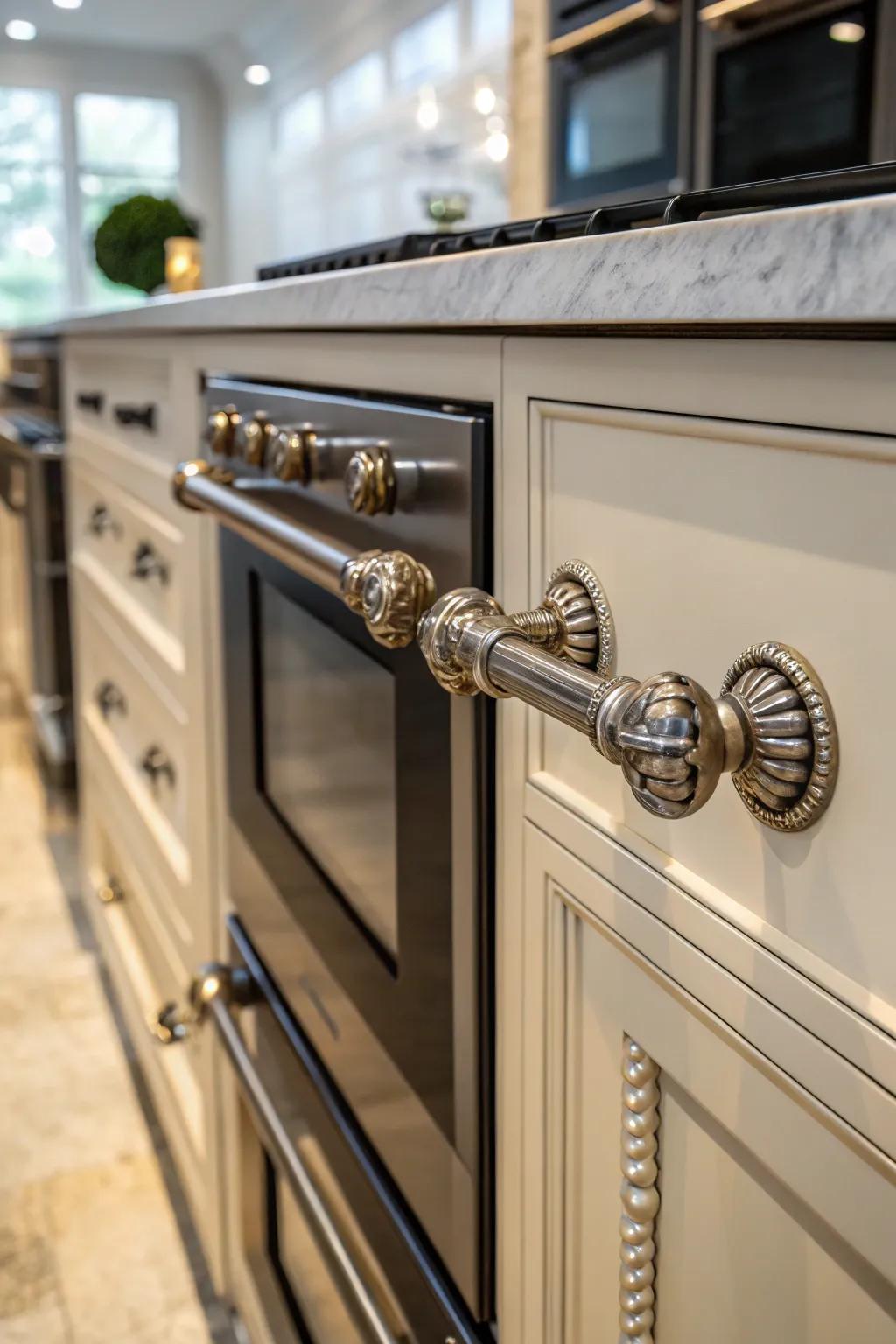 A detailed view of statement features on a double oven cabinet, highlighting unique design elements.