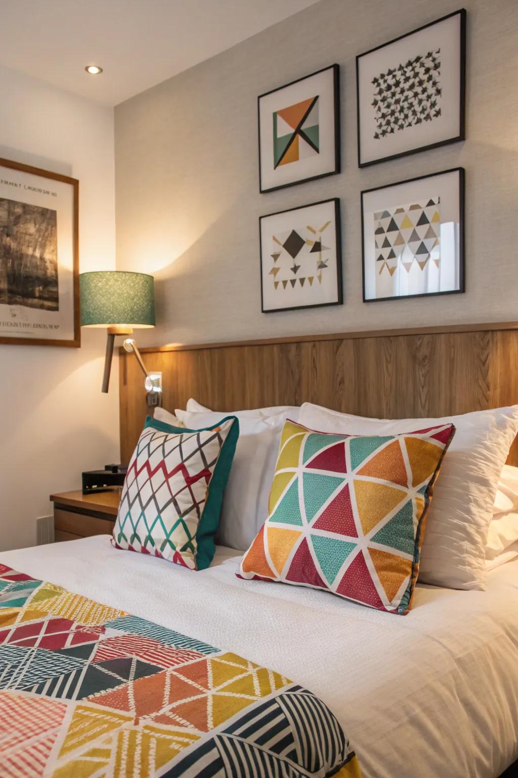 Geometric patterns impart a contemporary flair to the dramatic bedroom.