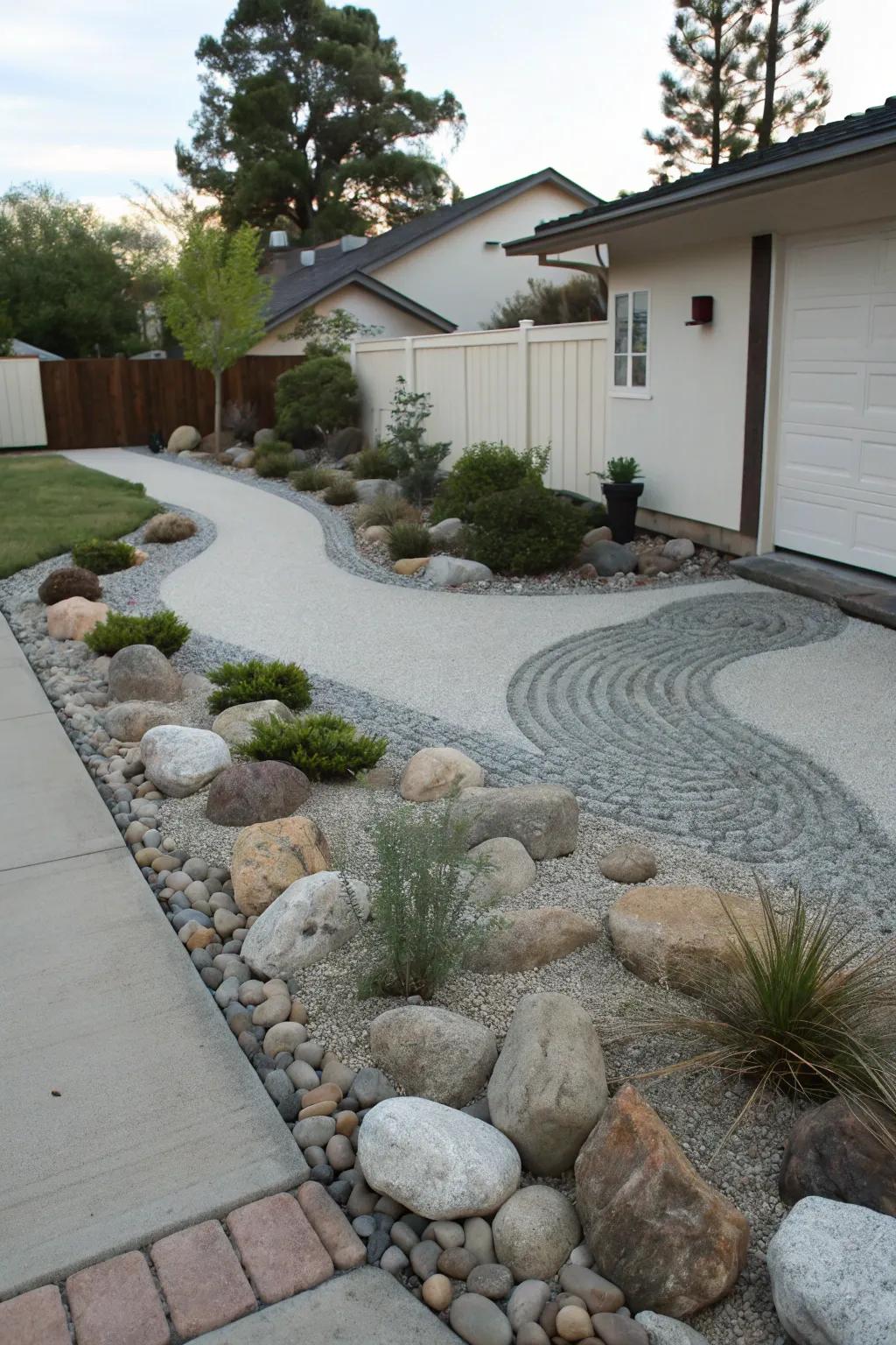A Zen stone cultivation imparts serenity to the driveway berm.
