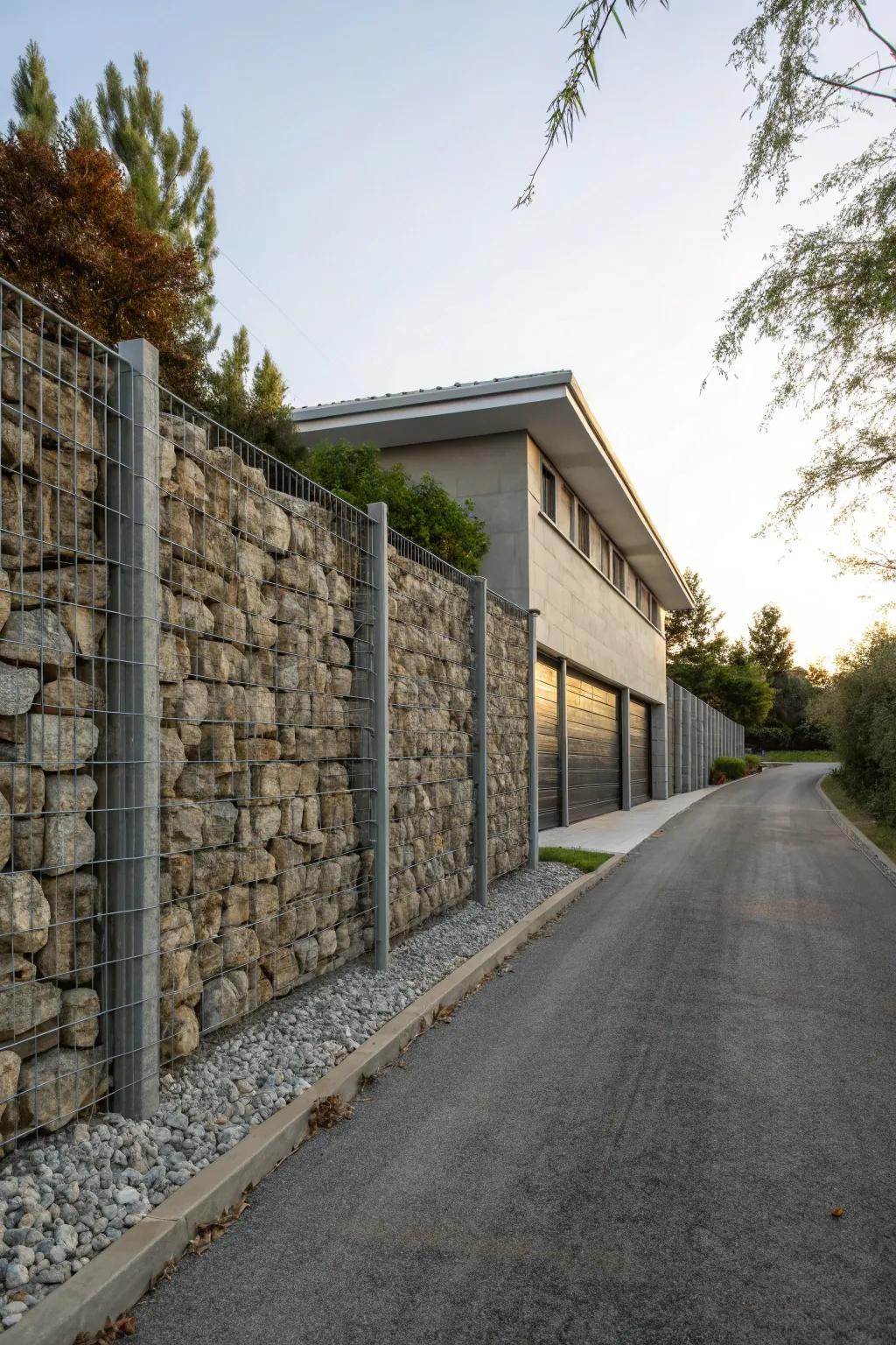 Gabion walls provide strength and a unique visual impact.