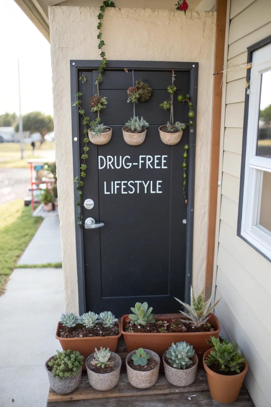 A succulent-themed entrance promoting a substance-free lifestyle.