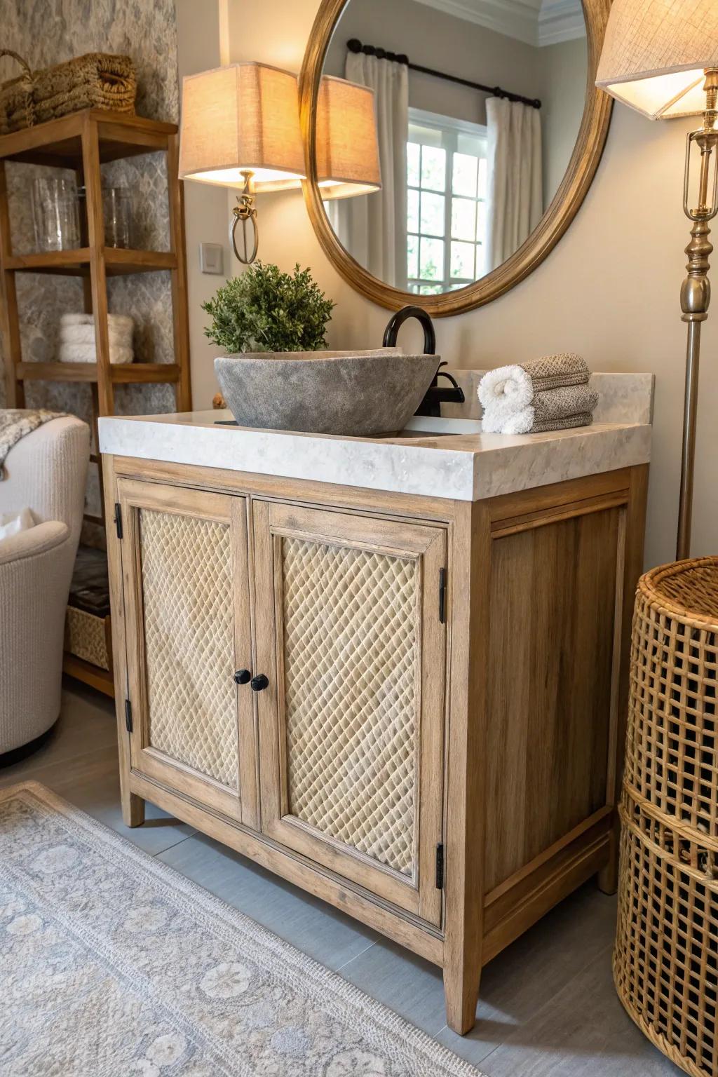 Interwoven components add texture and bohemian flair to this dry sink.
