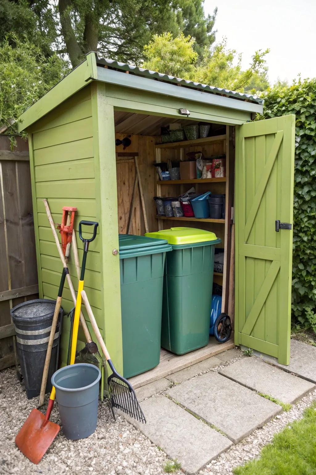 Garden outbuildings furnish pragmatic storage and conceal refuse containers.