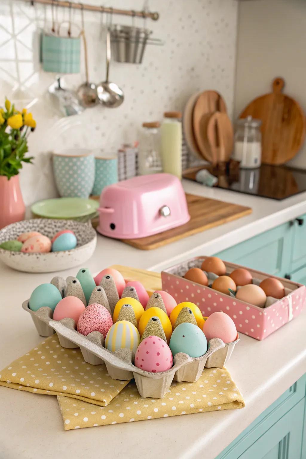 Ornamental egg trays serve as a fashionable and straightforward centerpiece.