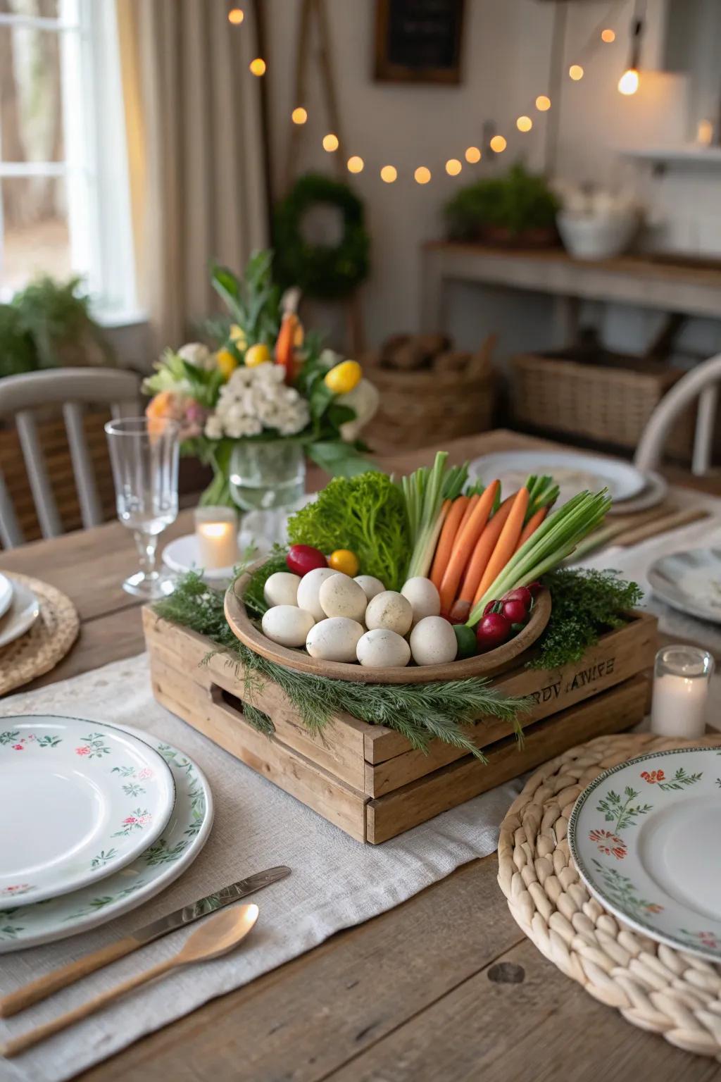 An edible vegetable display enriches the Easter decor with a healthful deviation.