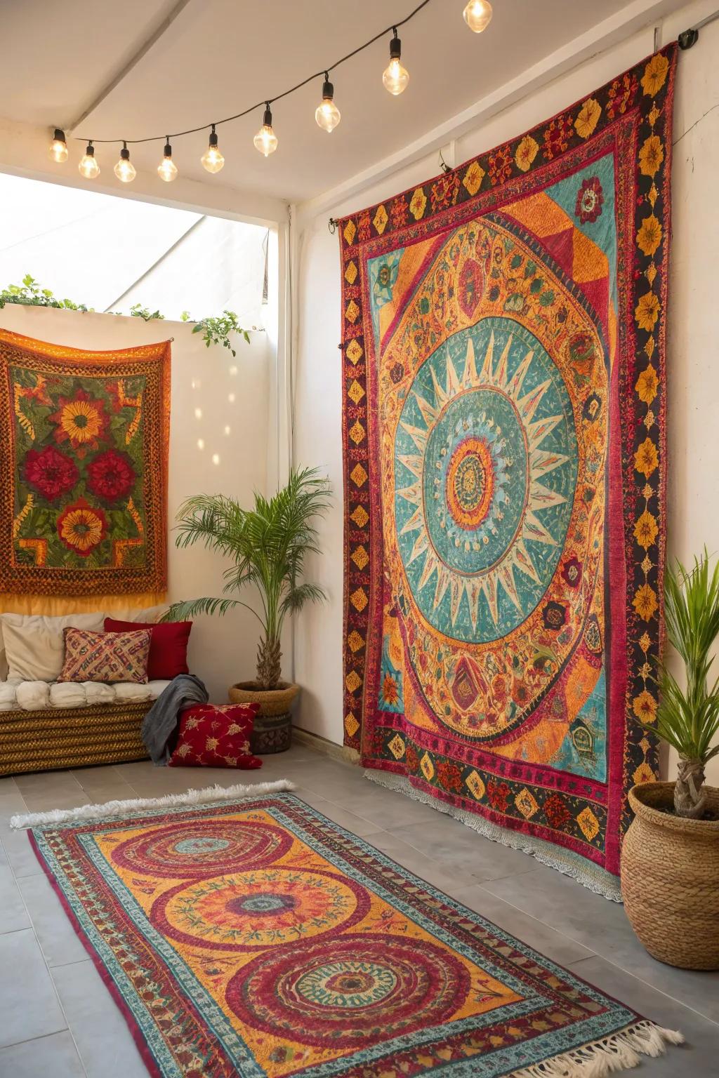 Colorful rugs fashion daring and vibrant backdrops.