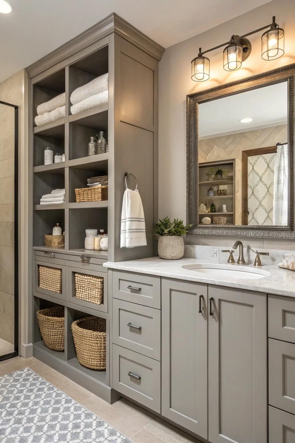 Personalized storage alternatives sustain elegance within this bathing area.