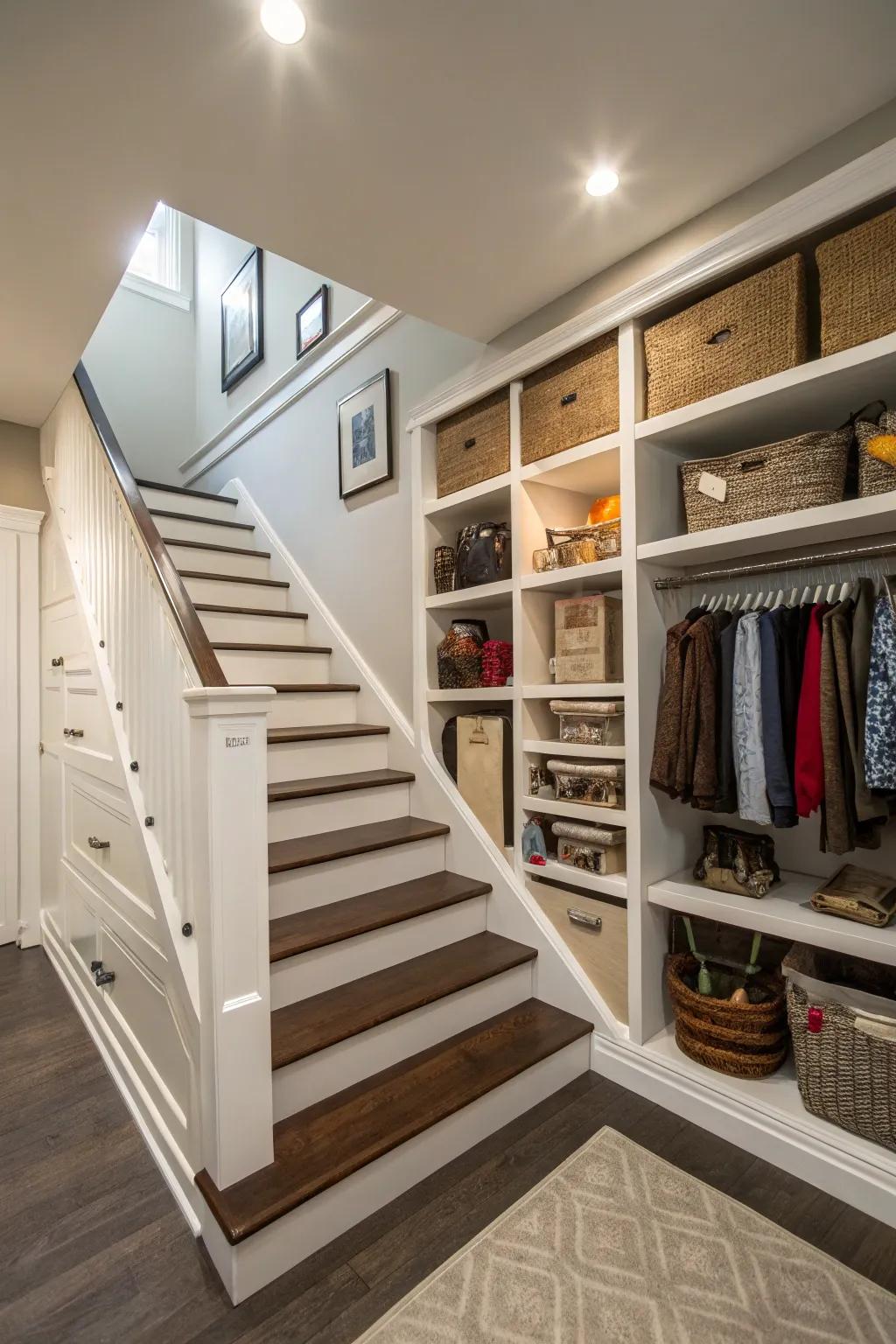 Smart storage solutions enhance the functionality of stairwells.