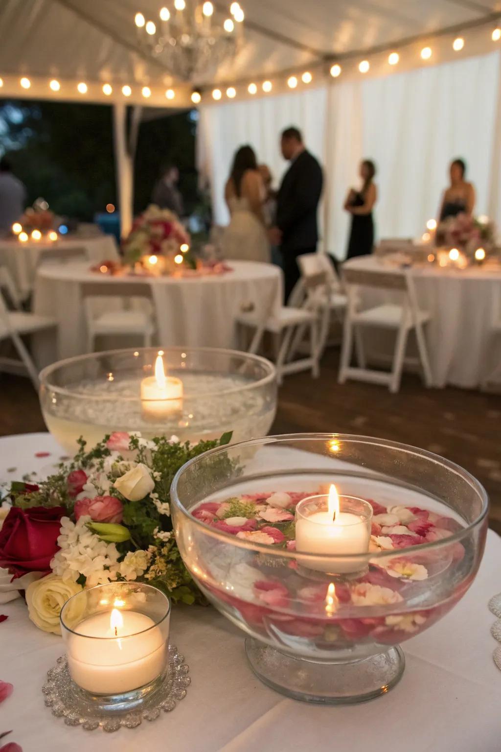 Floating candles compose a romantic centerpiece option.