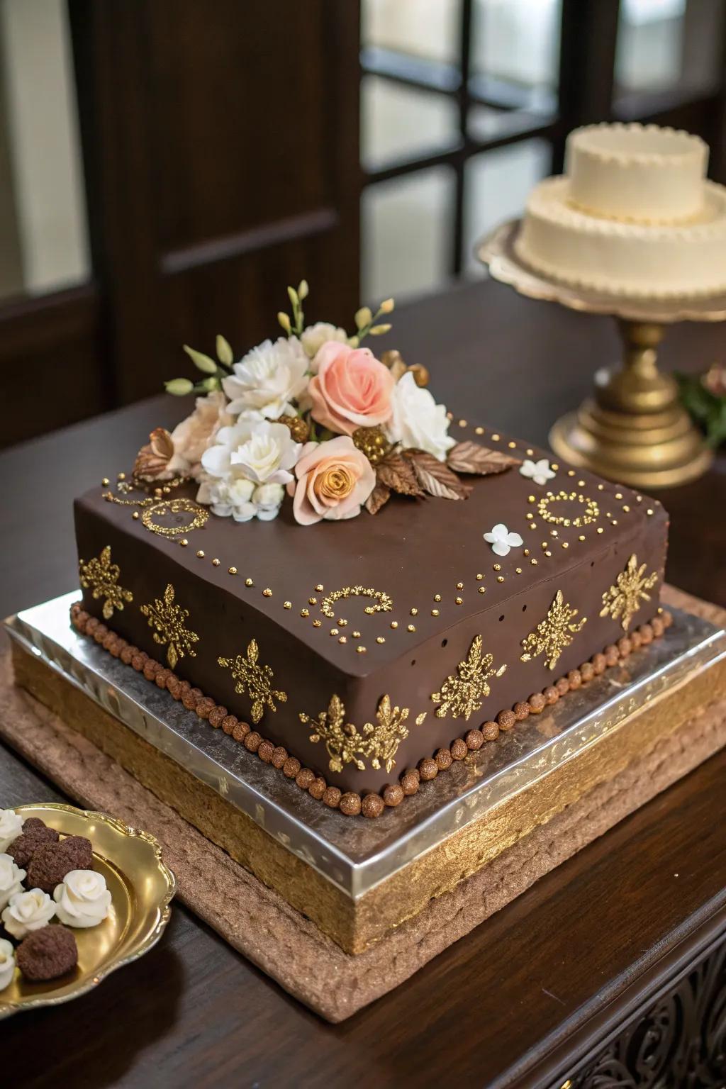 A chocolate engagement sheet cake featuring elegant decorations.