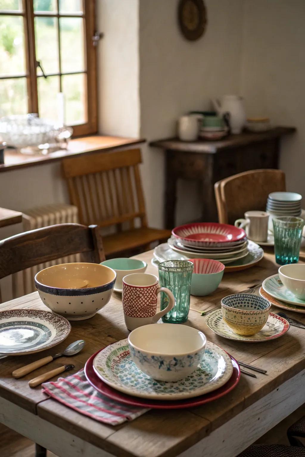 Unmatched china imparts a snug, eclectic subtlety.