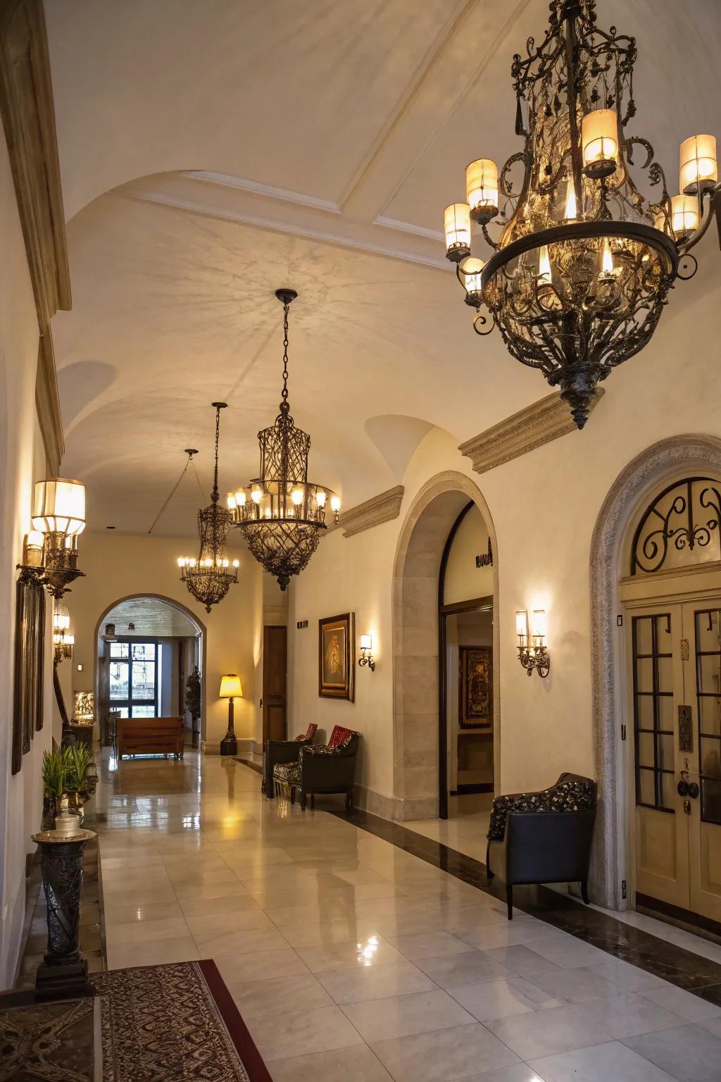 Vintage lighting fixtures introduce nostalgia and allure to this modern entryway.