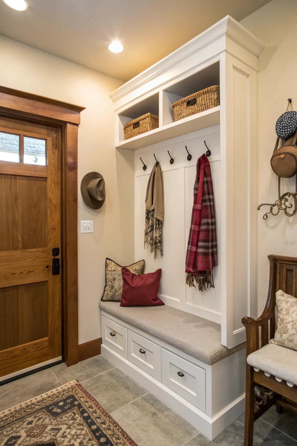 A functional niche with seating and hooks for everyday convenience.