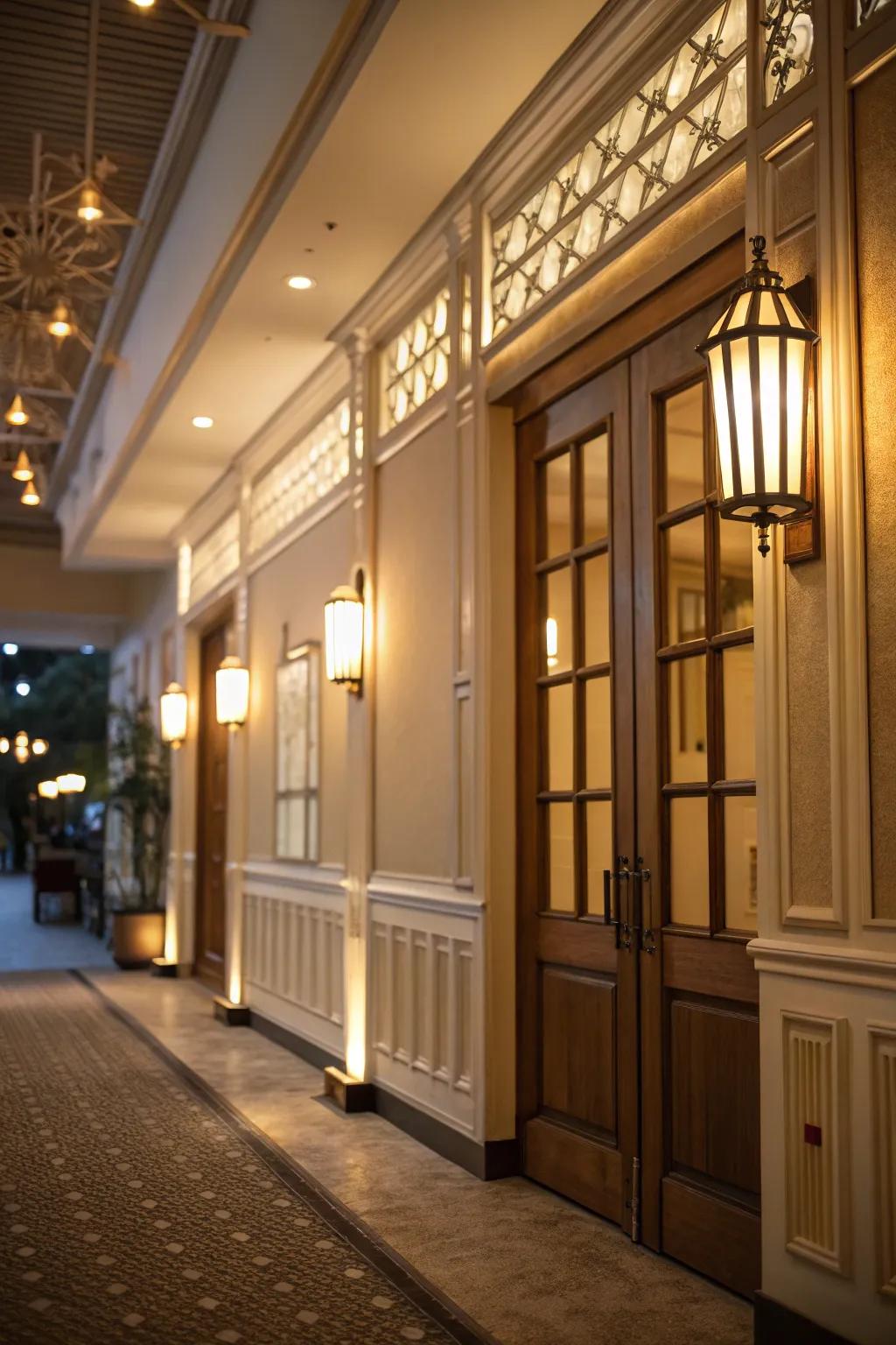 Ambient lighting enhances ambiance and highlight entryway design.