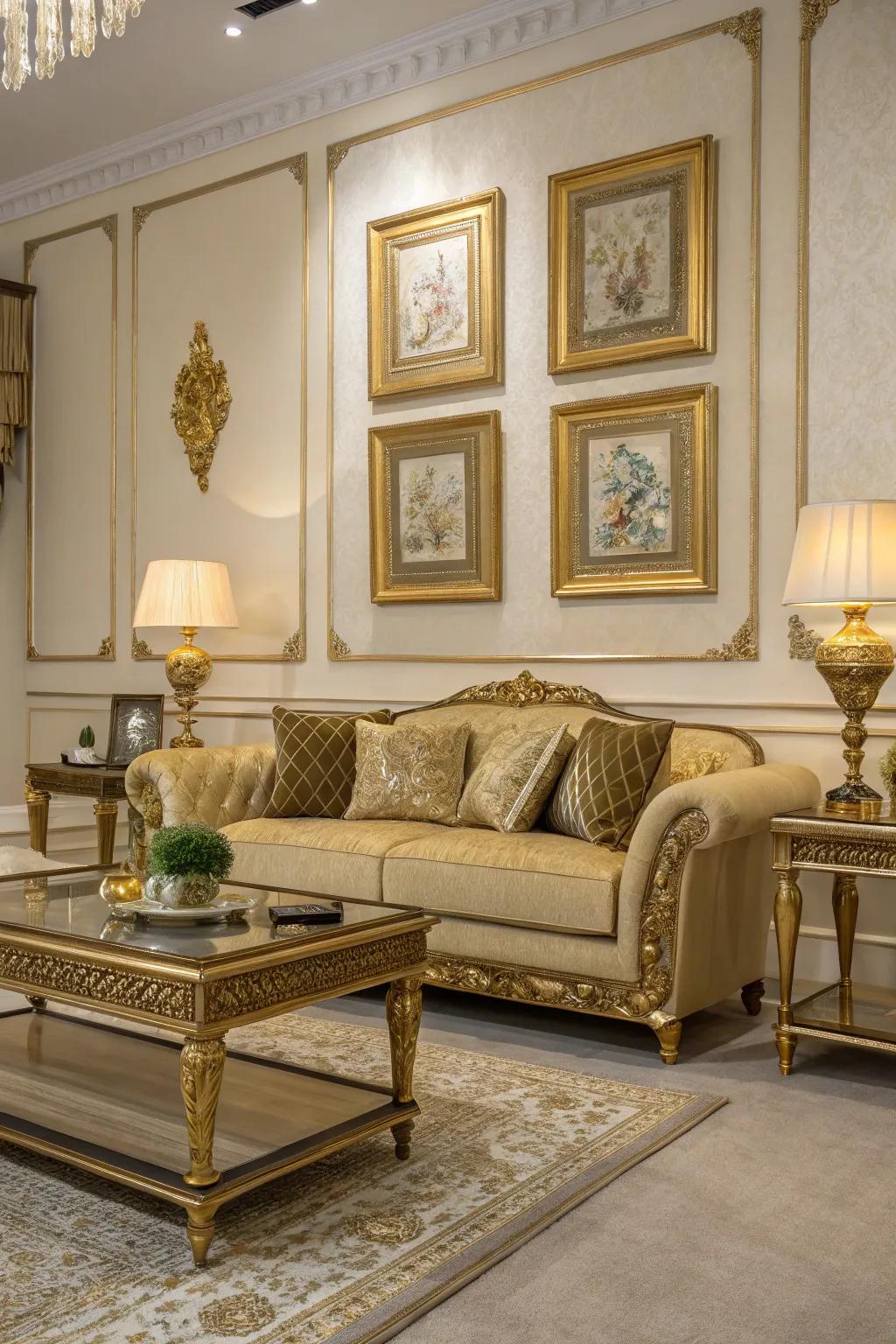 Gold accents bring a touch of luxury to this European-style living room.