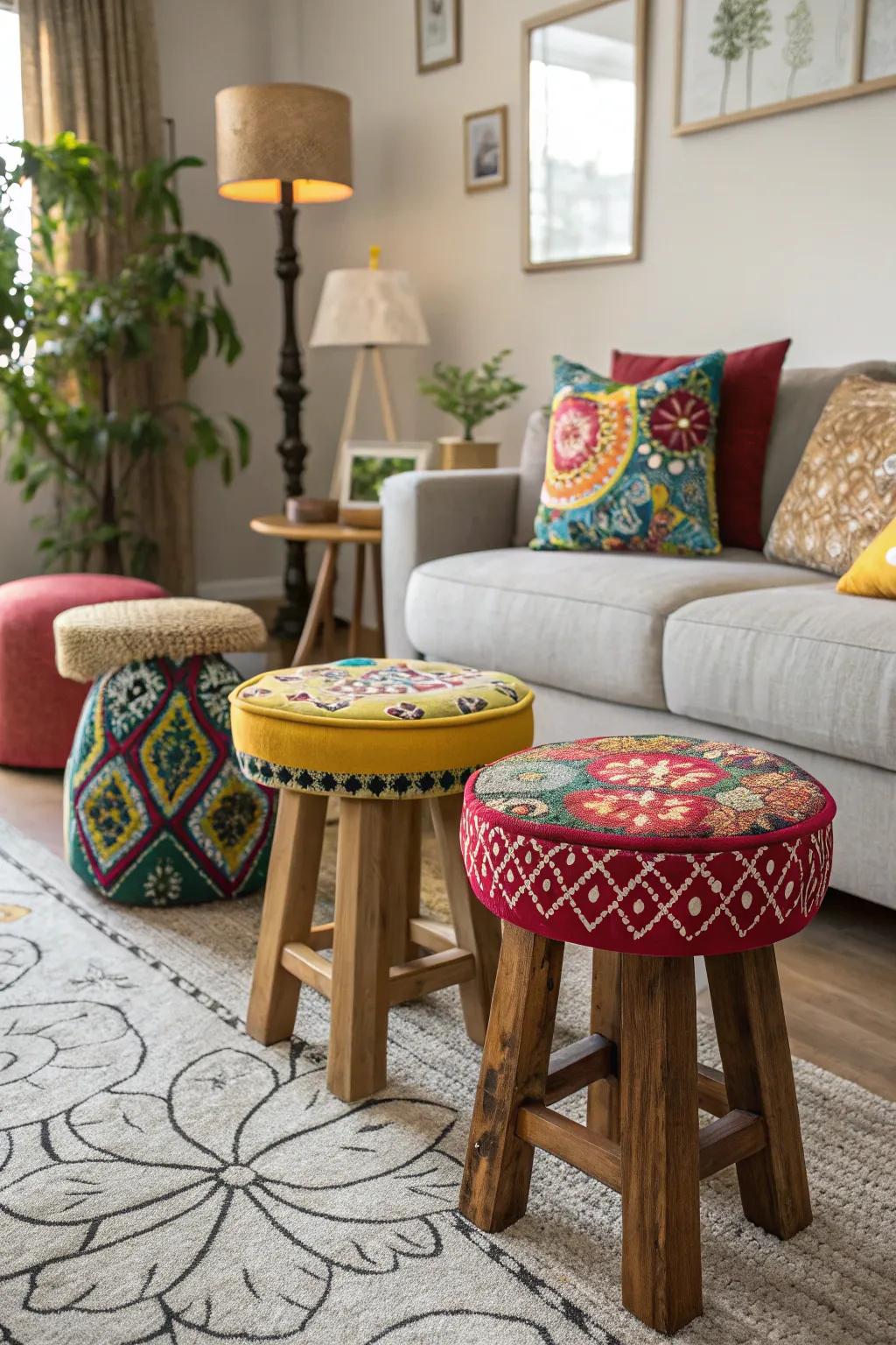 Grouped stools contribute an artistic element to your seating arrangement.
