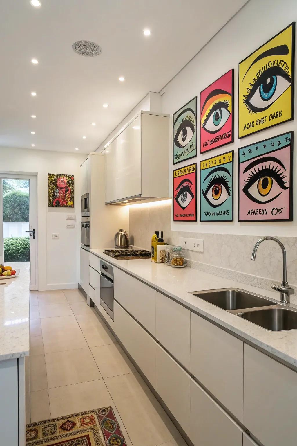 Spirited pop art eye prints contributing vitality and amusement to the cooking area.
