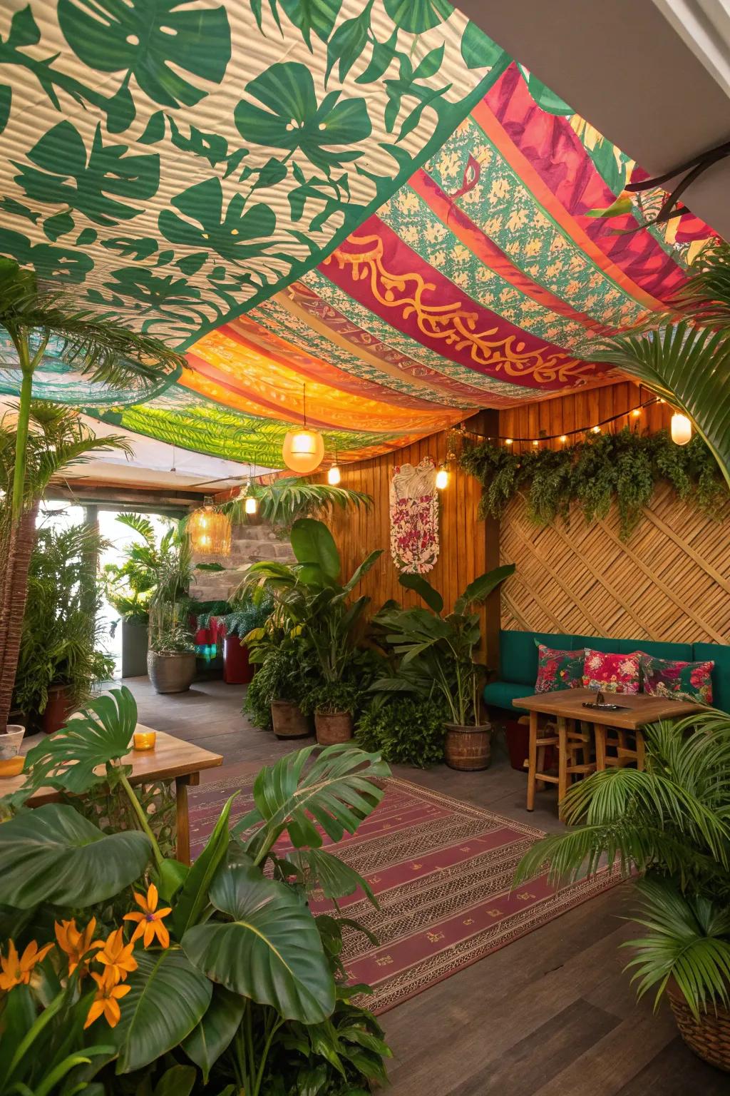 Escape to paradise using equatorial textile ceiling designs.