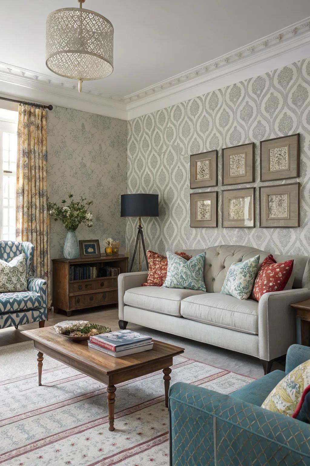 The integration of modern and traditional motifs in fabric wallpaper culminates in a sense of equilibrium.