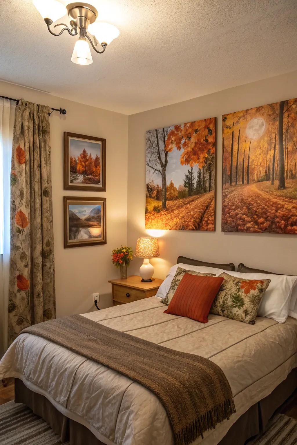 Autumn artwork conveys seasonal splendor to your bedroom.