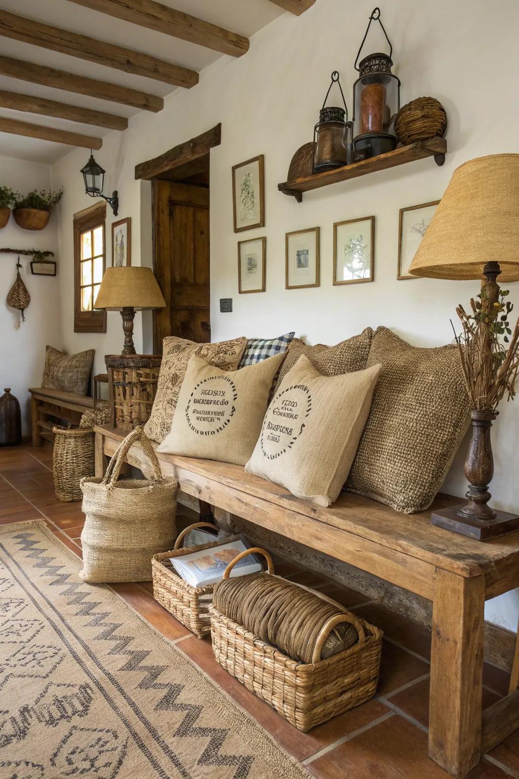 Burlap and jute cushions deliver countryside charm to any setting.